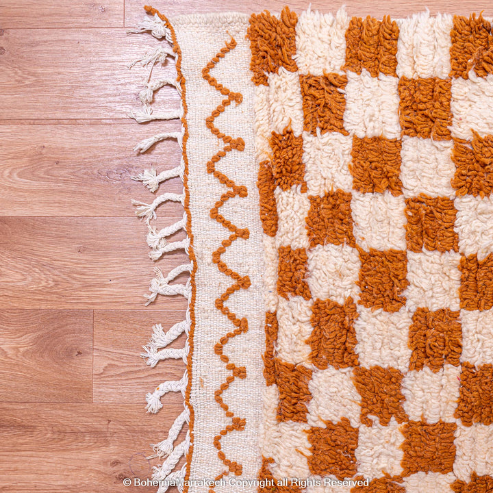 Yellow white checkered Moroccan rug, handmade wool, traditional Berber design, vibrant artisan character, soft durable area rug.
