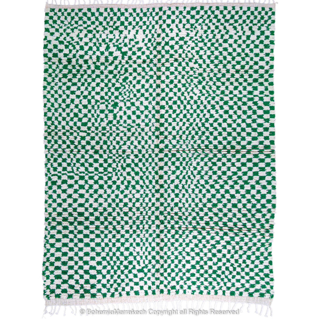 Handmade green and white checkered Moroccan wool rug with geometric checkerboard pattern