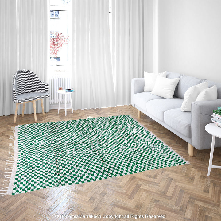 Handmade green and white checkered Moroccan wool rug with geometric checkerboard pattern
