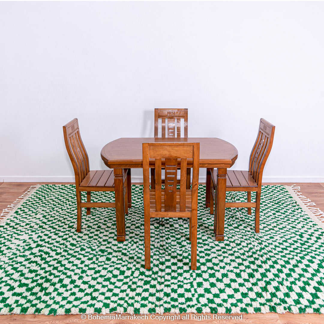 Handmade green and white checkered Moroccan wool rug with geometric checkerboard pattern