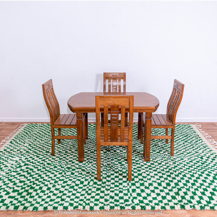 Handmade green and white checkered Moroccan wool rug with geometric checkerboard pattern