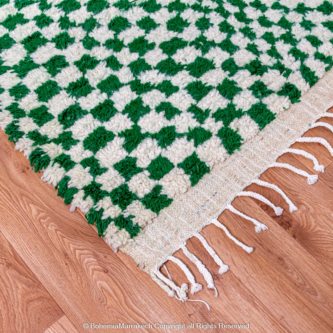Handmade green and white checkered Moroccan wool rug with geometric checkerboard pattern