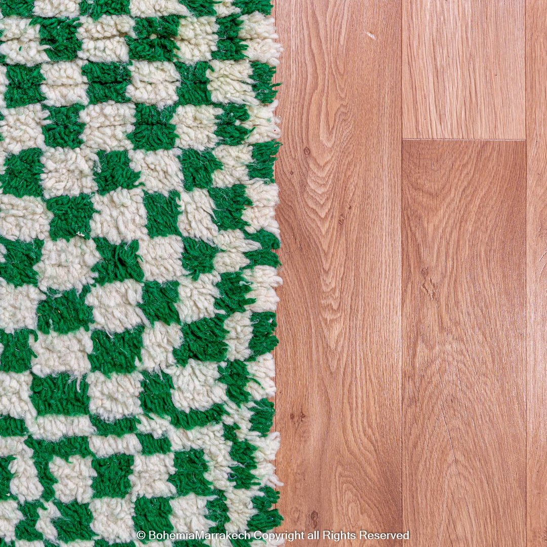Handmade green and white checkered Moroccan wool rug with geometric checkerboard pattern