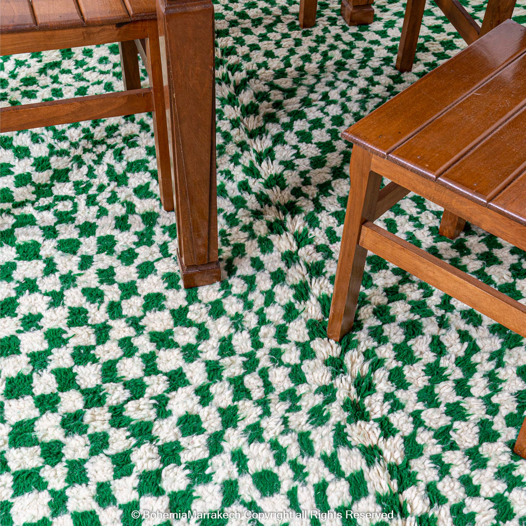 Handmade green and white checkered Moroccan wool rug with geometric checkerboard pattern