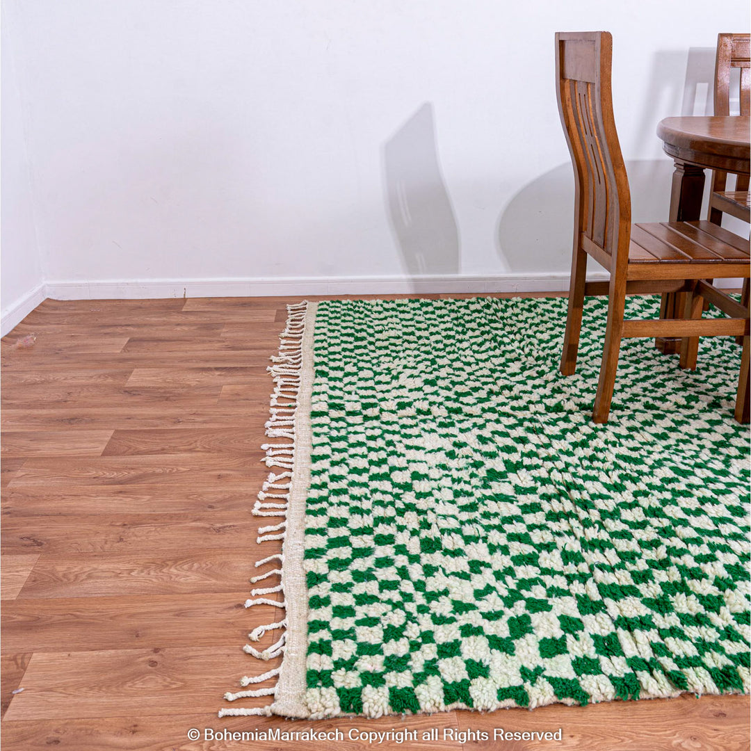 Handmade green and white checkered Moroccan wool rug with geometric checkerboard pattern