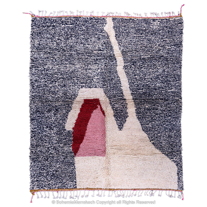 Abstract Grey Moroccan Rug, handmade wool carpet with grey, black, cream, red, and blush pink design, ideal for home decor.