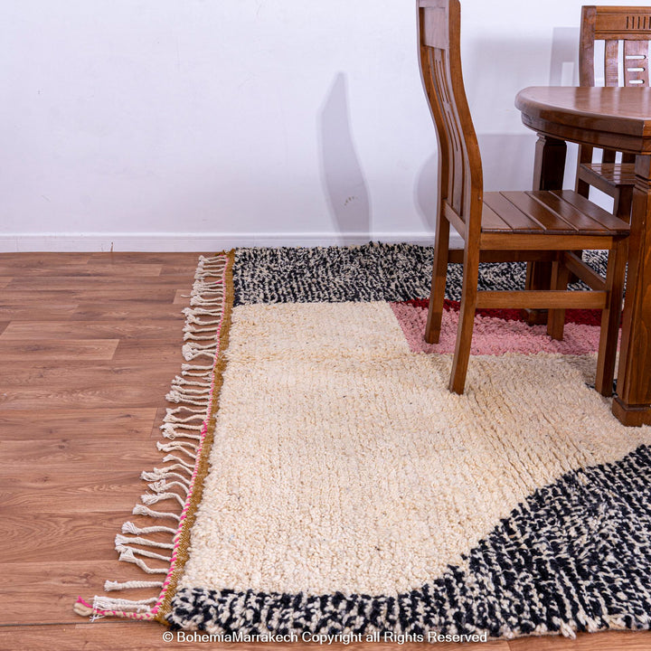 Abstract Grey Moroccan Rug with cream, red, and blush motifs, handmade wool carpet displaying traditional Berber design.