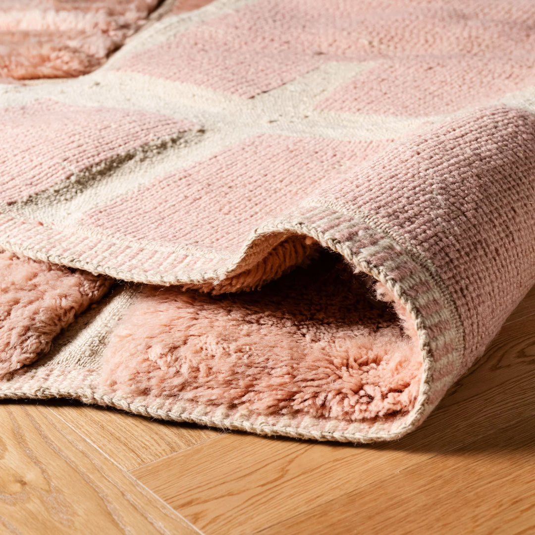 Custom Soft Pink Moroccan Rug with Modern Brick Pattern on Wooden Floor