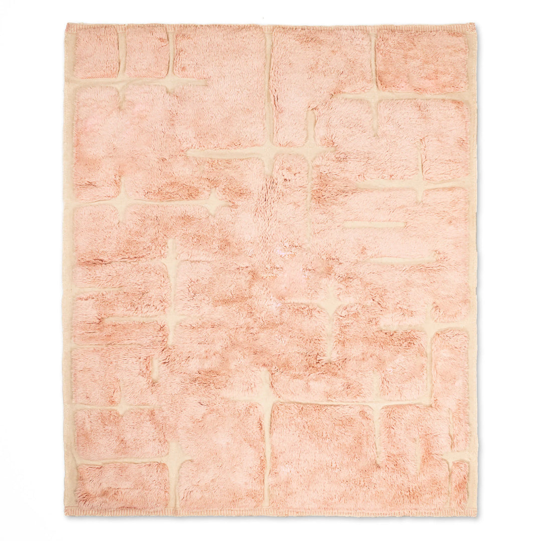 Custom soft pink Moroccan rug with modern brick pattern, plush wool texture, perfect as an 8x10 Moroccan area rug or berber carpet.