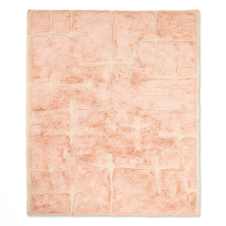 Custom soft pink Moroccan rug with modern brick pattern, plush wool texture, perfect as an 8x10 Moroccan area rug or berber carpet.