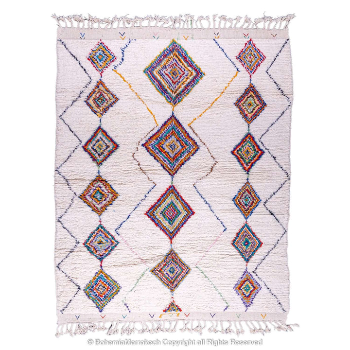 Colorful Azilal Moroccan rug with diamond Berber motifs, featuring vibrant red, blue, and green patterns. Traditional Moroccan artistry.