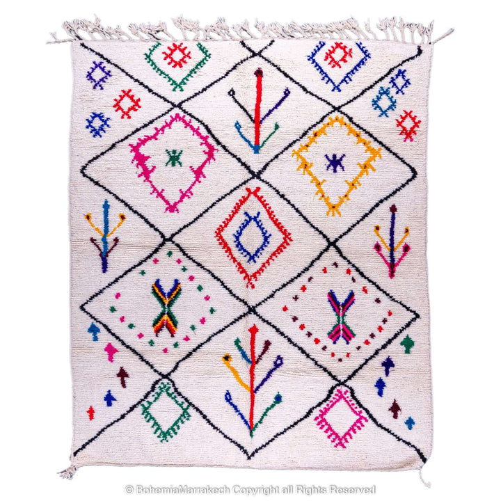 Handmade Azilal Moroccan rug with colorful Berber symbols, traditional Moroccan carpet, pink and multicolor design, wool texture.