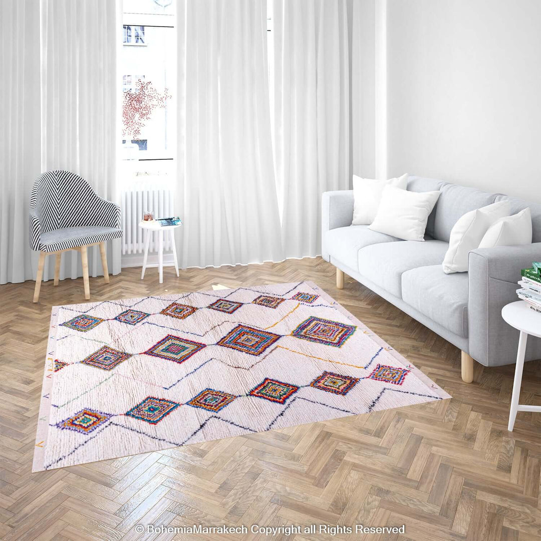Vibrant Azilal Moroccan rug with colorful diamond motifs in a bright living room, showcasing traditional Berber artistry.