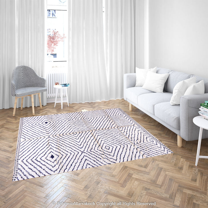 White Moroccan rug with black diamond lines in a modern living room, handwoven from wool, 8x10 area rug.