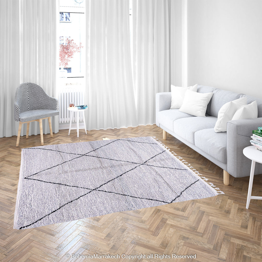 Grey Moroccan Beni Ourain Rug with Diamond Pattern – Wool Handmade Carpet