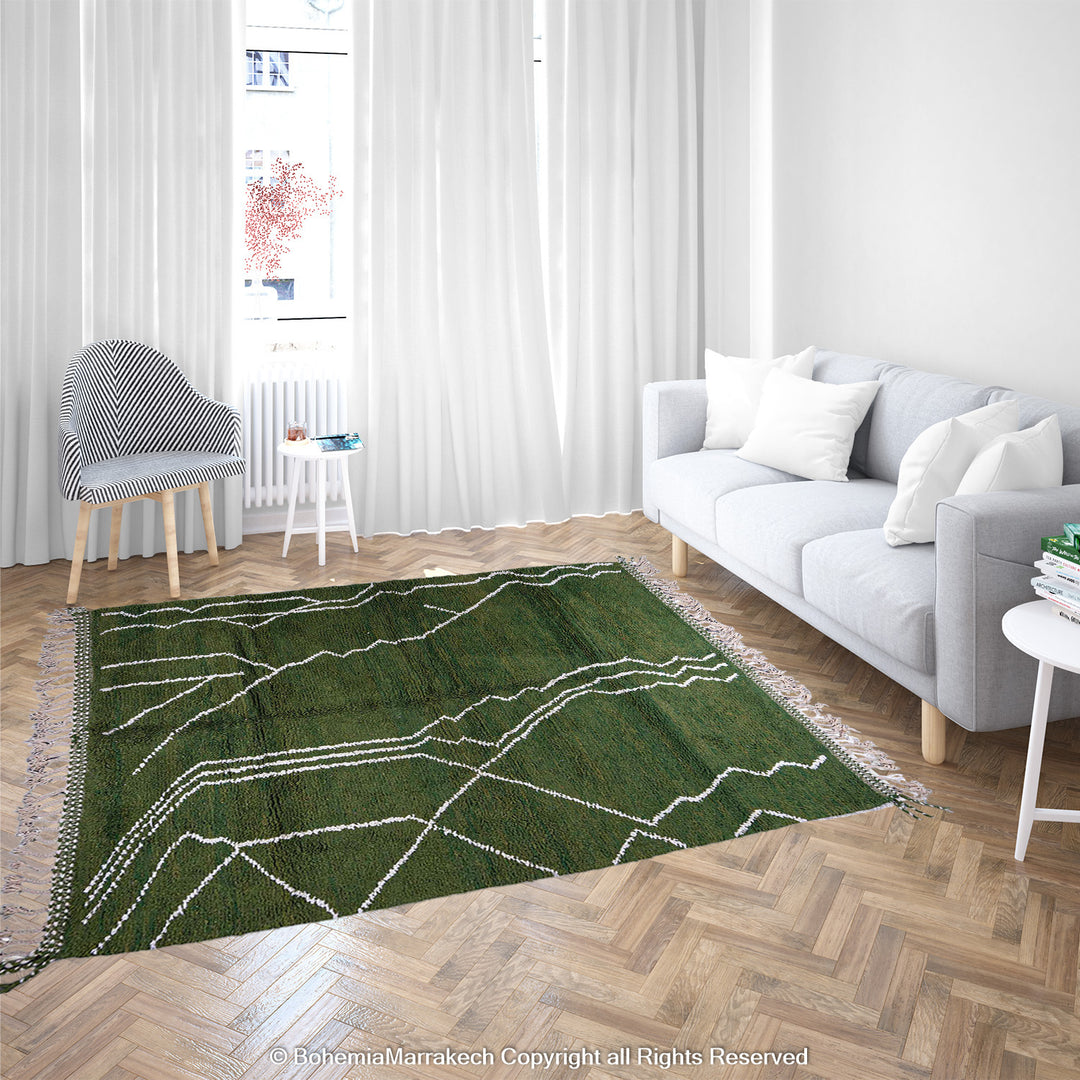Green Moroccan rug with white Berber lines – handmade wool carpet