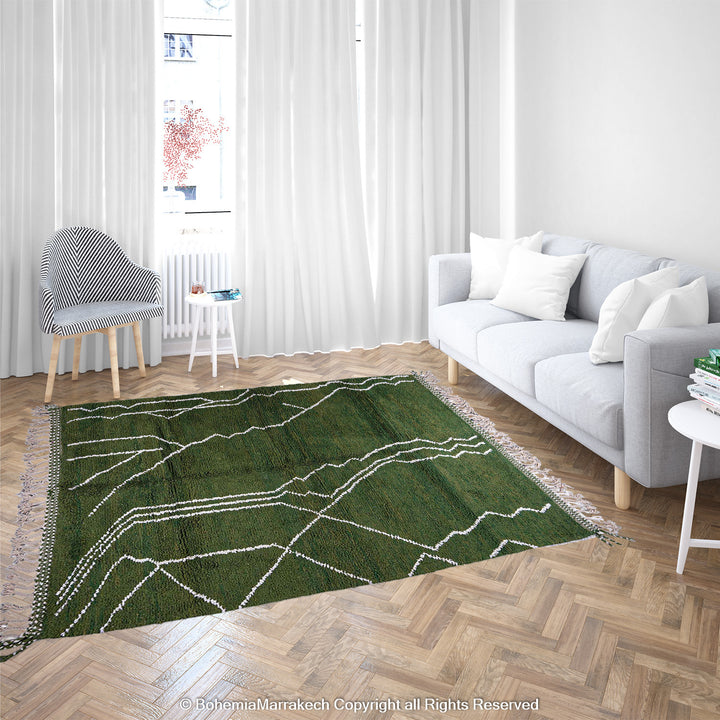 Green Moroccan rug with white Berber lines – handmade wool carpet