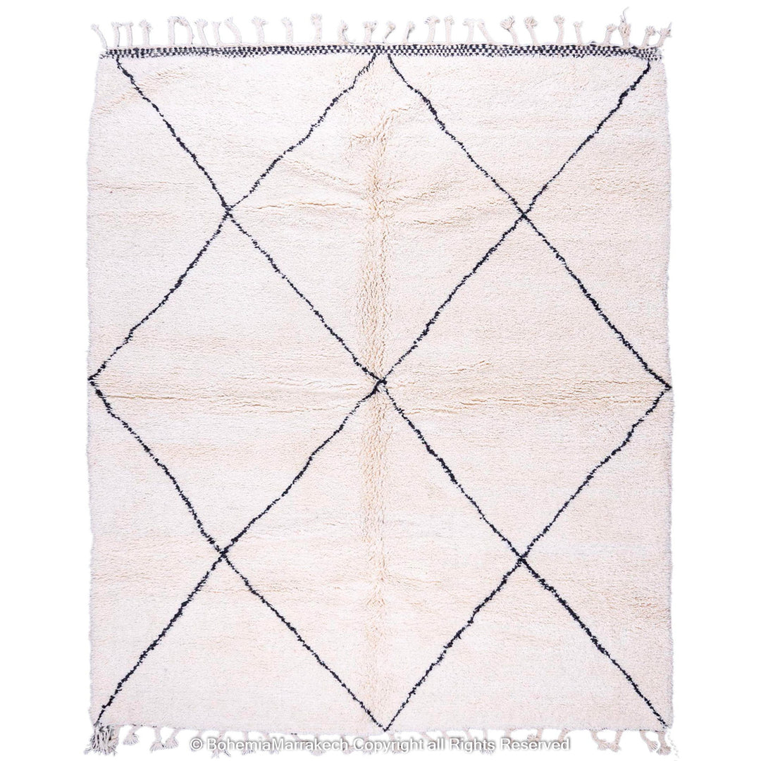 White Moroccan Beni Ourain Rug with Black Diamond Pattern – Wool Handmade Carpet