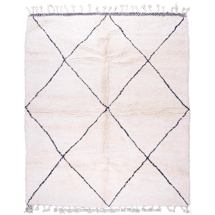 White Moroccan Beni Ourain Rug with Black Diamond Pattern – Wool Handmade Carpet