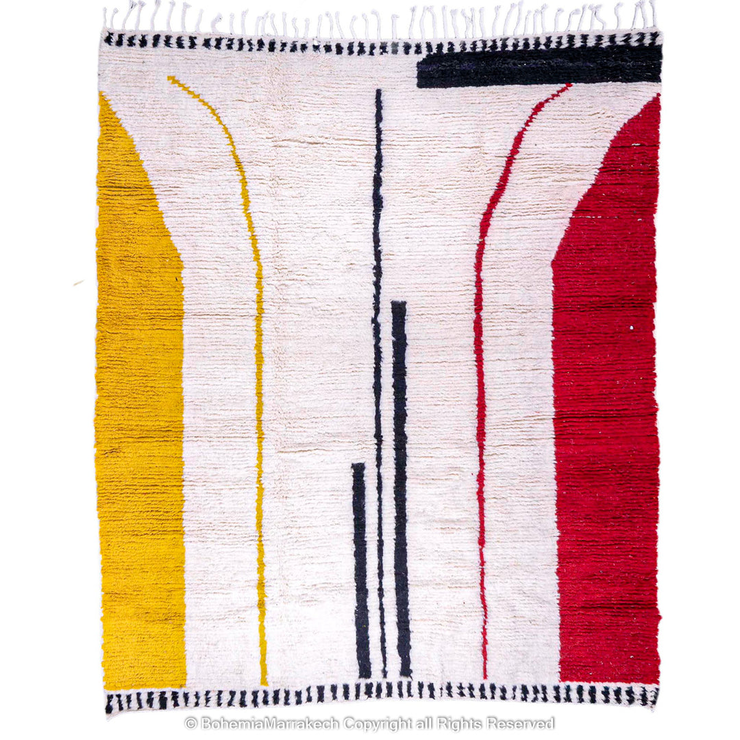 Modern White Moroccan Wool Rug with Red, Yellow, and Black Abstract Lines – Beni Ourain Style