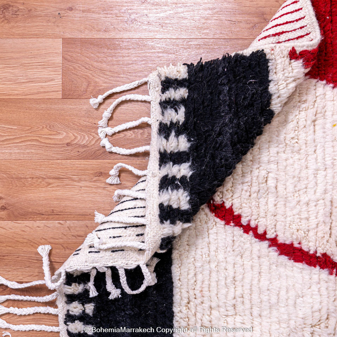 Modern White Moroccan Wool Rug with Red, Yellow, and Black Abstract Lines – Beni Ourain Style