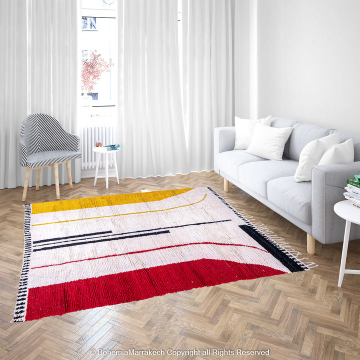 Modern White Moroccan Wool Rug with Red, Yellow, and Black Abstract Lines – Beni Ourain Style