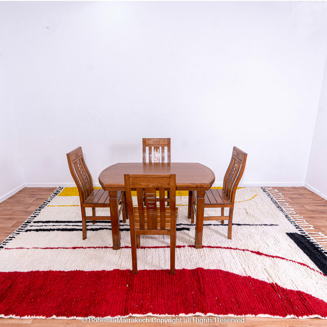 Modern White Moroccan Wool Rug with Red, Yellow, and Black Abstract Lines – Beni Ourain Style