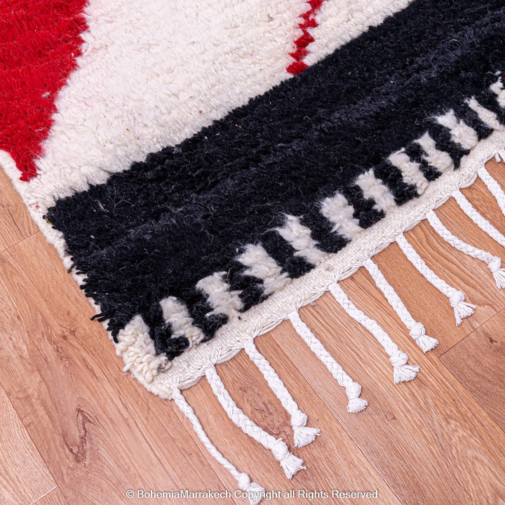 Modern White Moroccan Wool Rug with Red, Yellow, and Black Abstract Lines – Beni Ourain Style