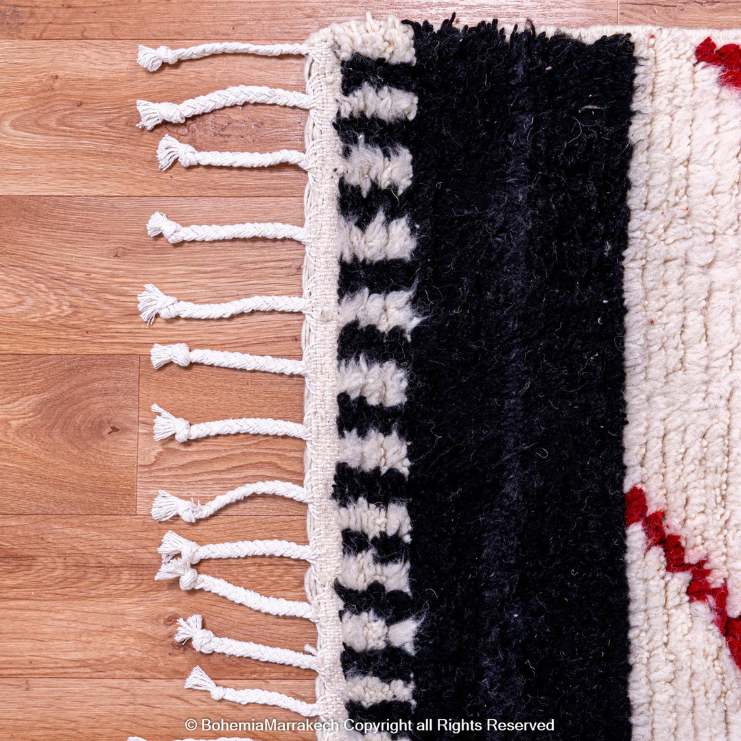 Modern White Moroccan Wool Rug with Red, Yellow, and Black Abstract Lines – Beni Ourain Style