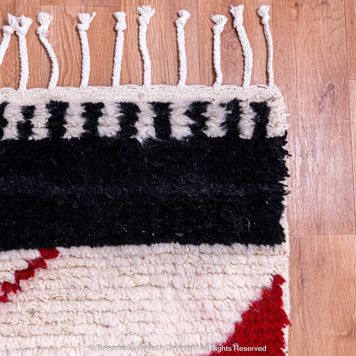 Modern White Moroccan Wool Rug with Red, Yellow, and Black Abstract Lines – Beni Ourain Style