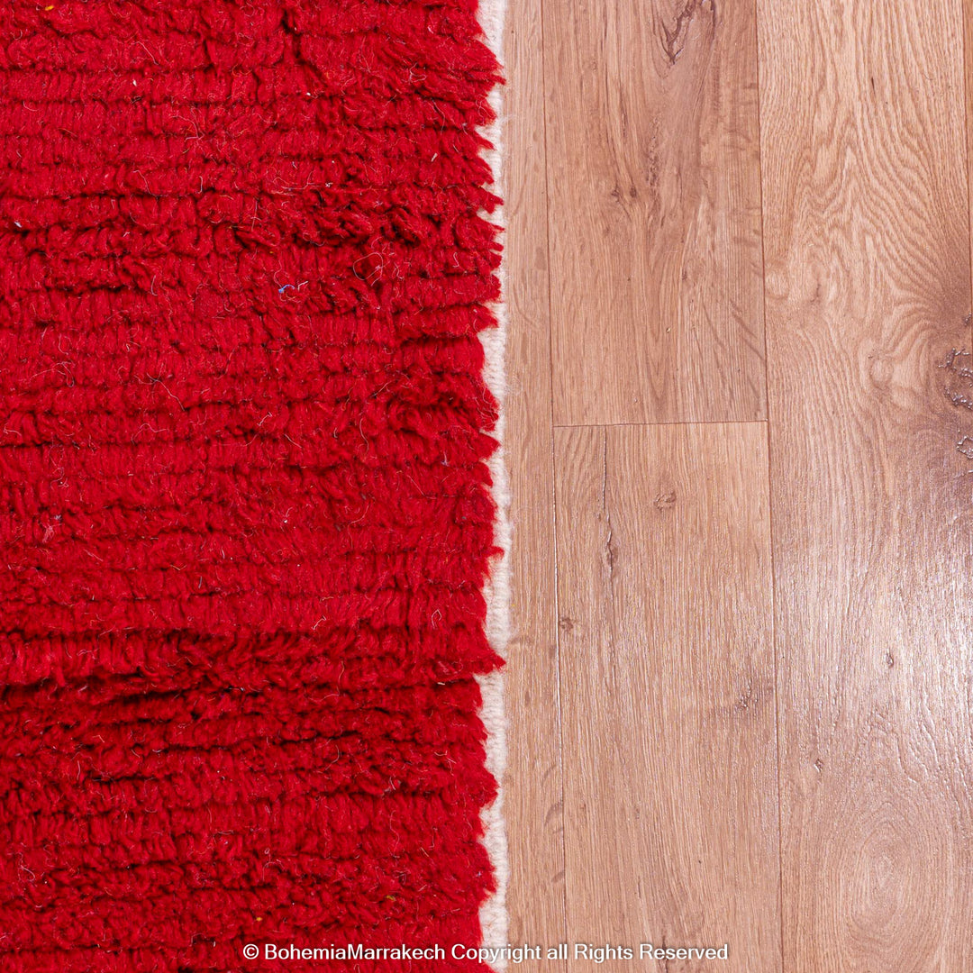 Modern White Moroccan Wool Rug with Red, Yellow, and Black Abstract Lines – Beni Ourain Style