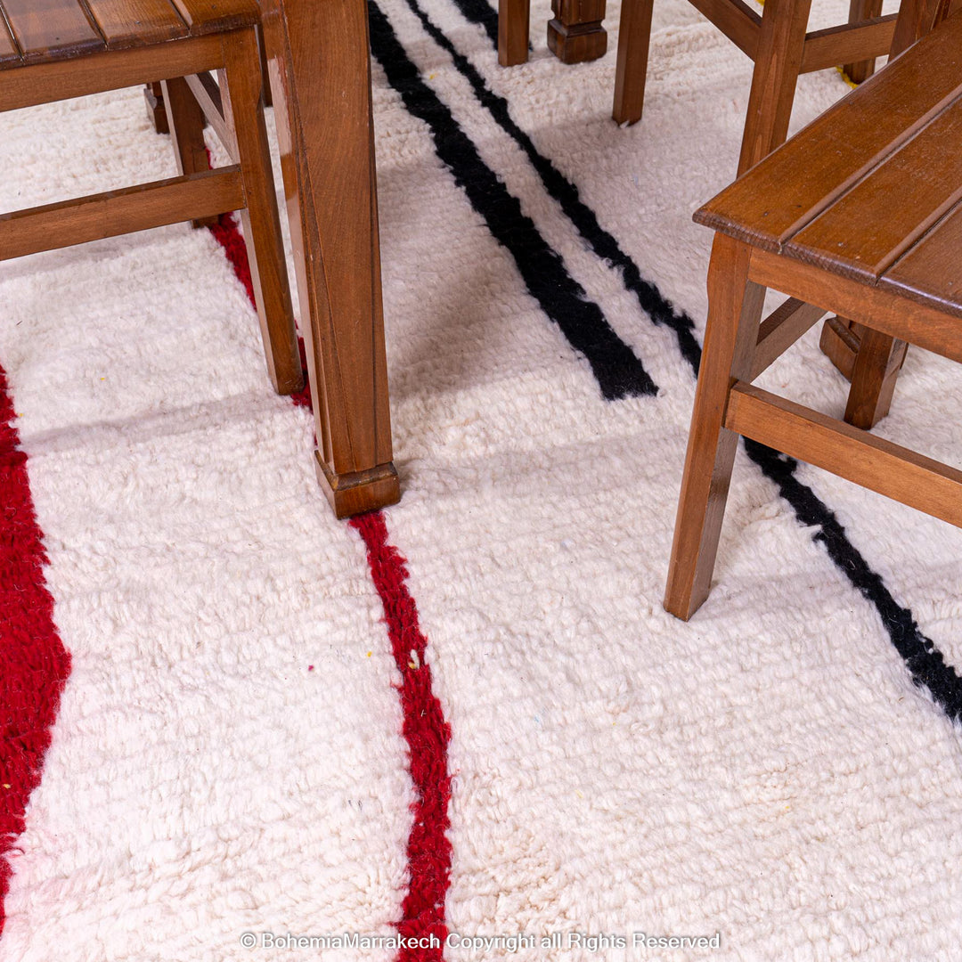 Modern White Moroccan Wool Rug with Red, Yellow, and Black Abstract Lines – Beni Ourain Style
