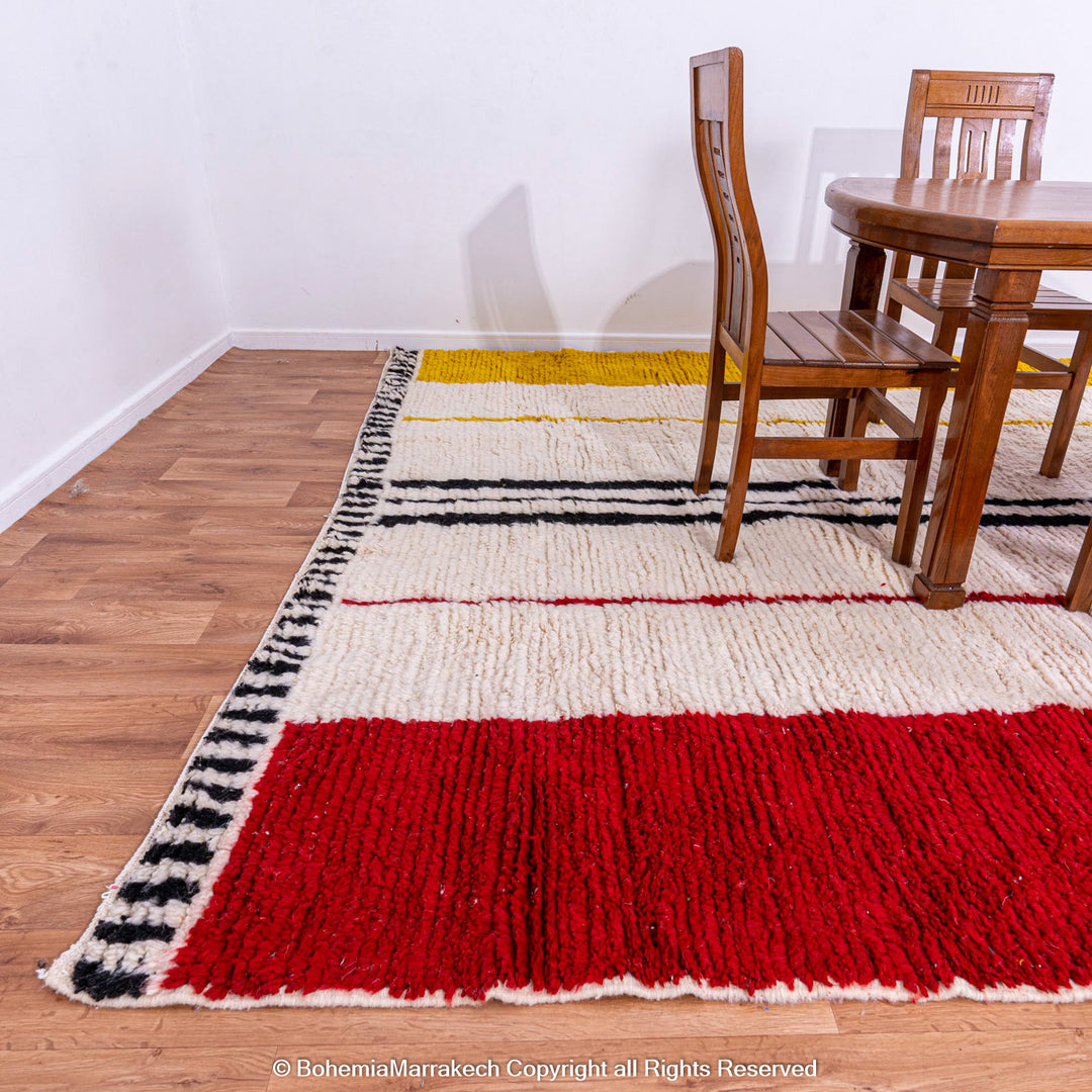 Modern White Moroccan Wool Rug with Red, Yellow, and Black Abstract Lines – Beni Ourain Style