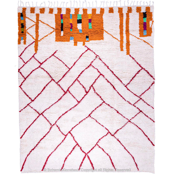 Handmade Beni Ourain Moroccan Rug with Red Geometric Lines