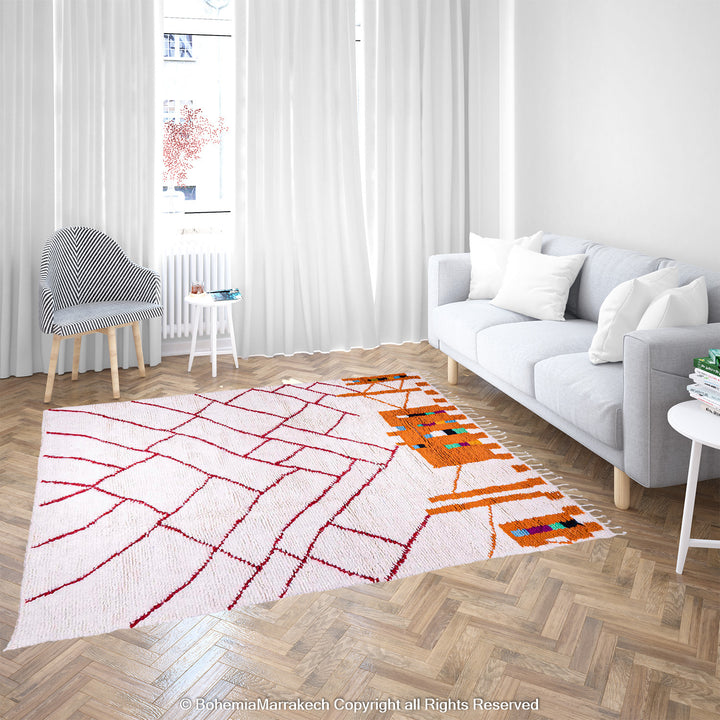 Handmade Beni Ourain Moroccan Rug with Red Geometric Lines