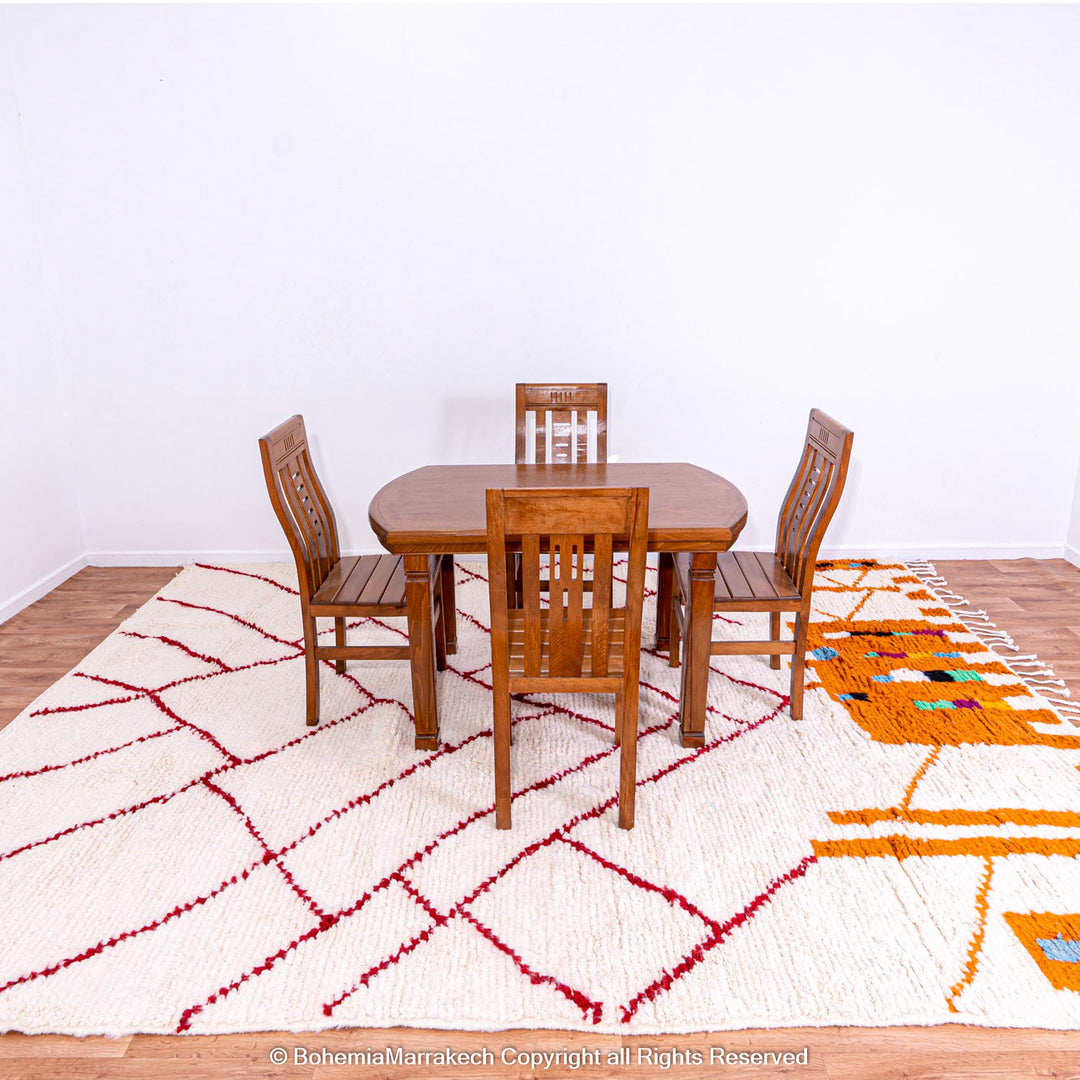 Handmade Beni Ourain Moroccan Rug with Red Geometric Lines
