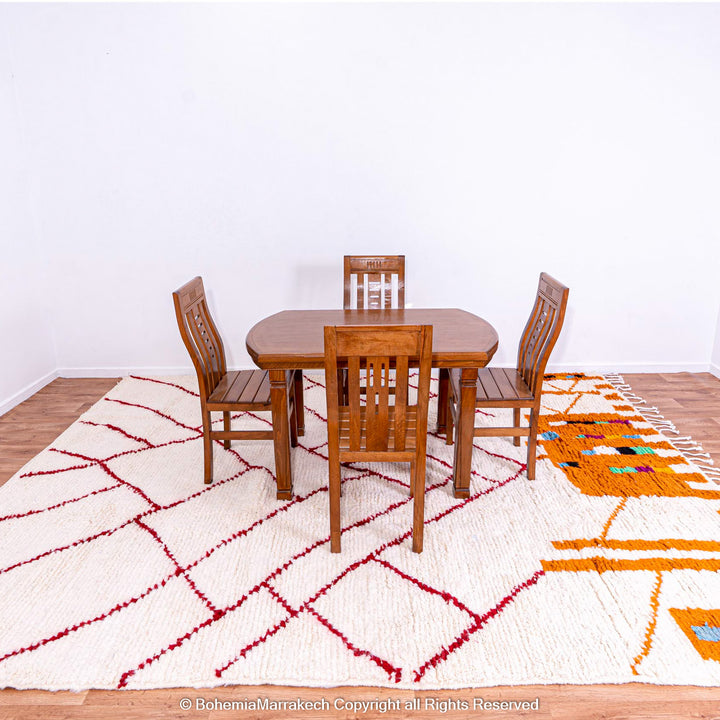 Handmade Beni Ourain Moroccan Rug with Red Geometric Lines