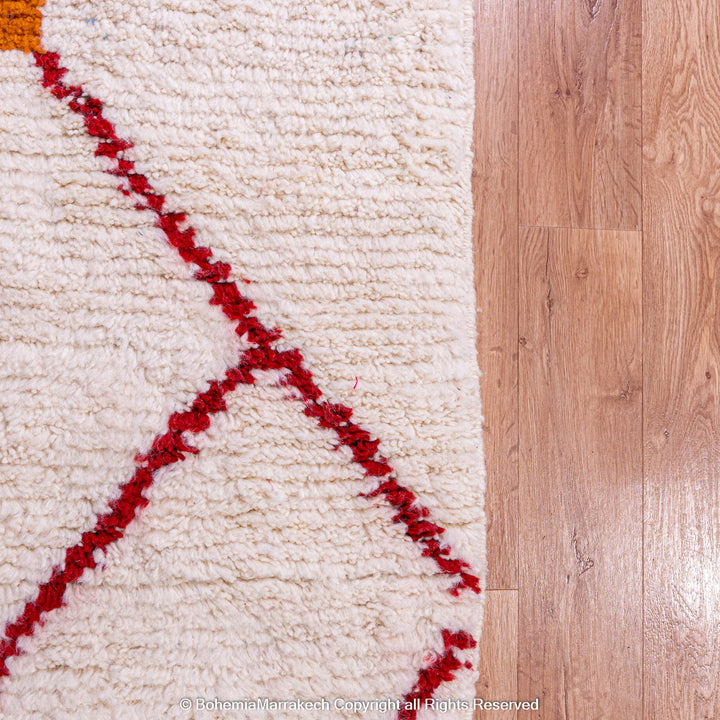 Handmade Beni Ourain Moroccan Rug with Red Geometric Lines