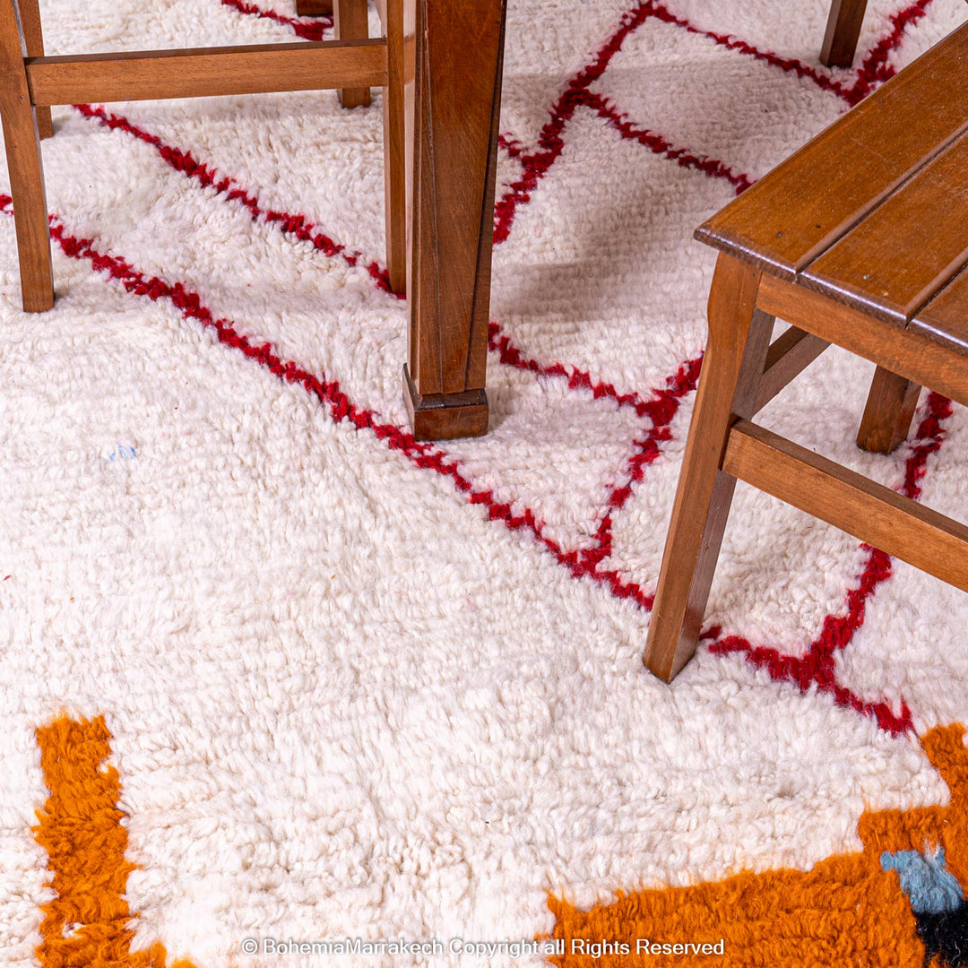 Handmade Beni Ourain Moroccan Rug with Red Geometric Lines