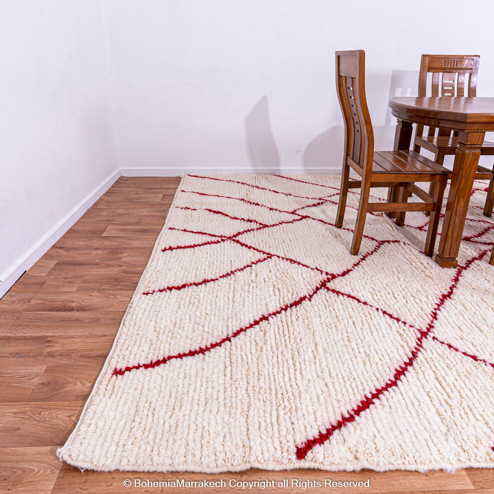 Handmade Beni Ourain Moroccan Rug with Red Geometric Lines