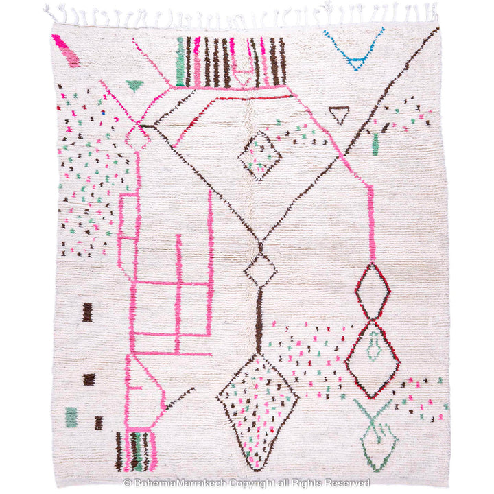 Light Berber Moroccan Rug with Pink and Green Tribal Symbols – Handmade Wool