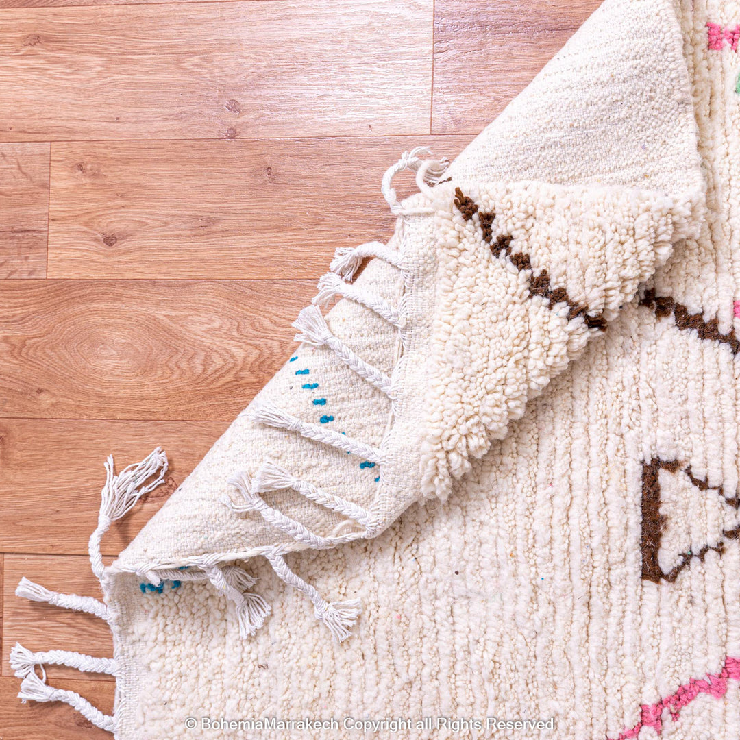 Light Berber Moroccan Rug with Pink and Green Tribal Symbols – Handmade Wool