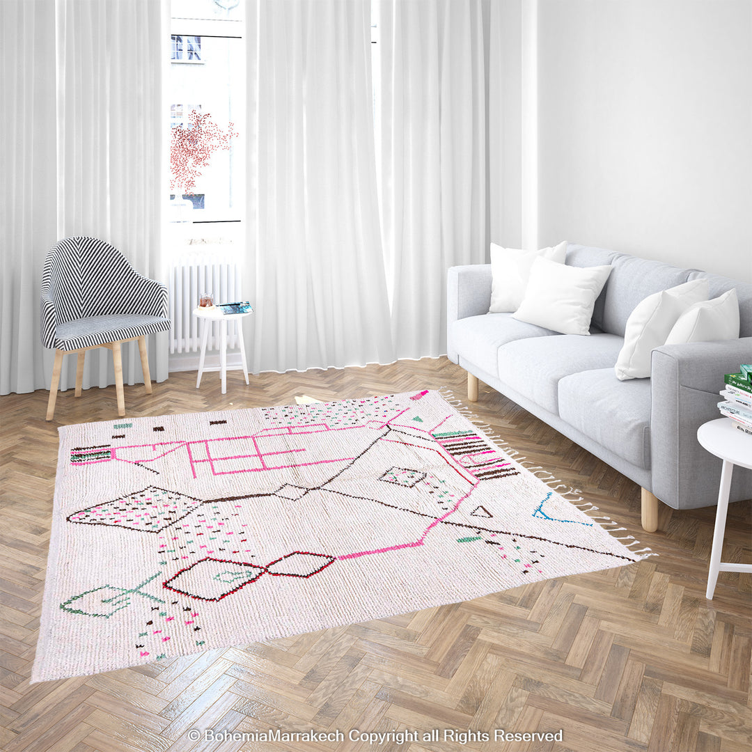 Light Berber Moroccan Rug with Pink and Green Tribal Symbols – Handmade Wool