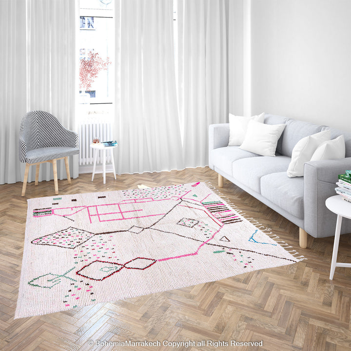 Light Berber Moroccan Rug with Pink and Green Tribal Symbols – Handmade Wool