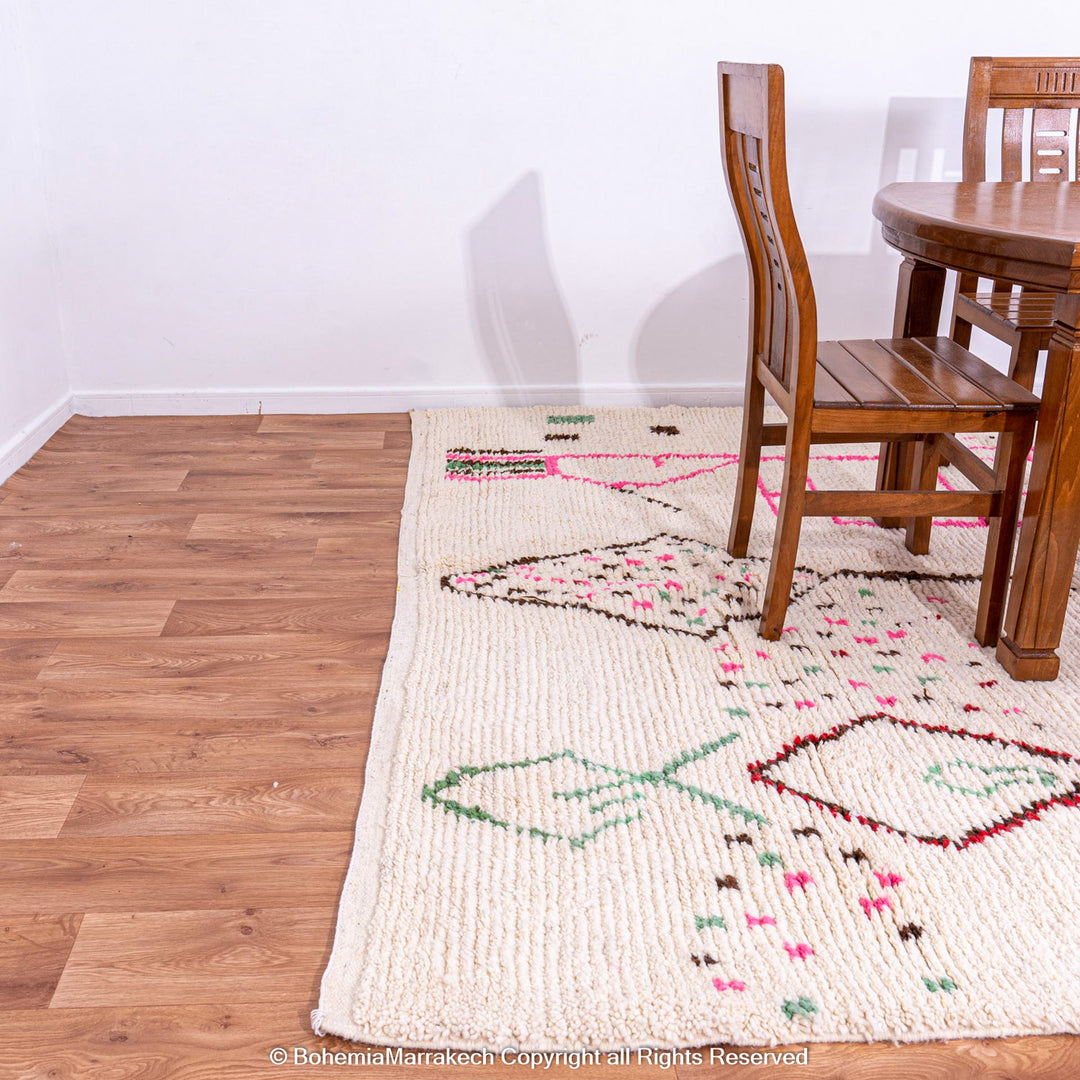 Light Berber Moroccan Rug with Pink and Green Tribal Symbols – Handmade Wool
