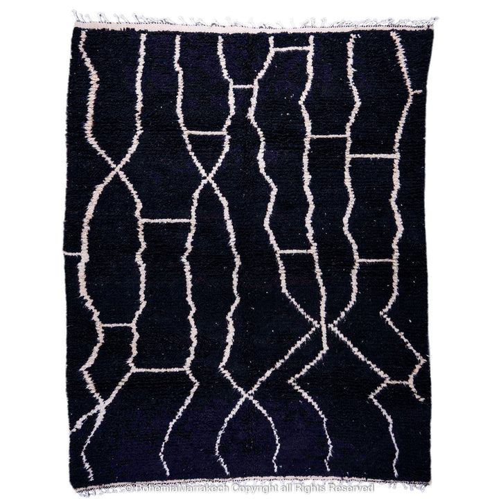 Black Beni Ourain Moroccan Rug with White Abstract Lines – Handmade Wool Carpet