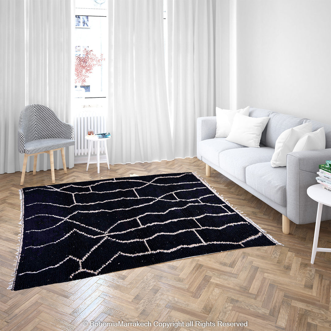 Black Beni Ourain Moroccan Rug with White Abstract Lines – Handmade Wool Carpet