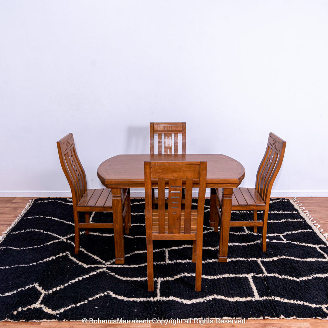 Black Beni Ourain Moroccan Rug with White Abstract Lines – Handmade Wool Carpet