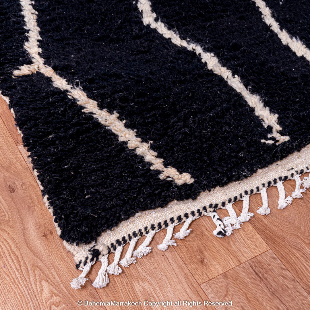 Black Beni Ourain Moroccan Rug with White Abstract Lines – Handmade Wool Carpet