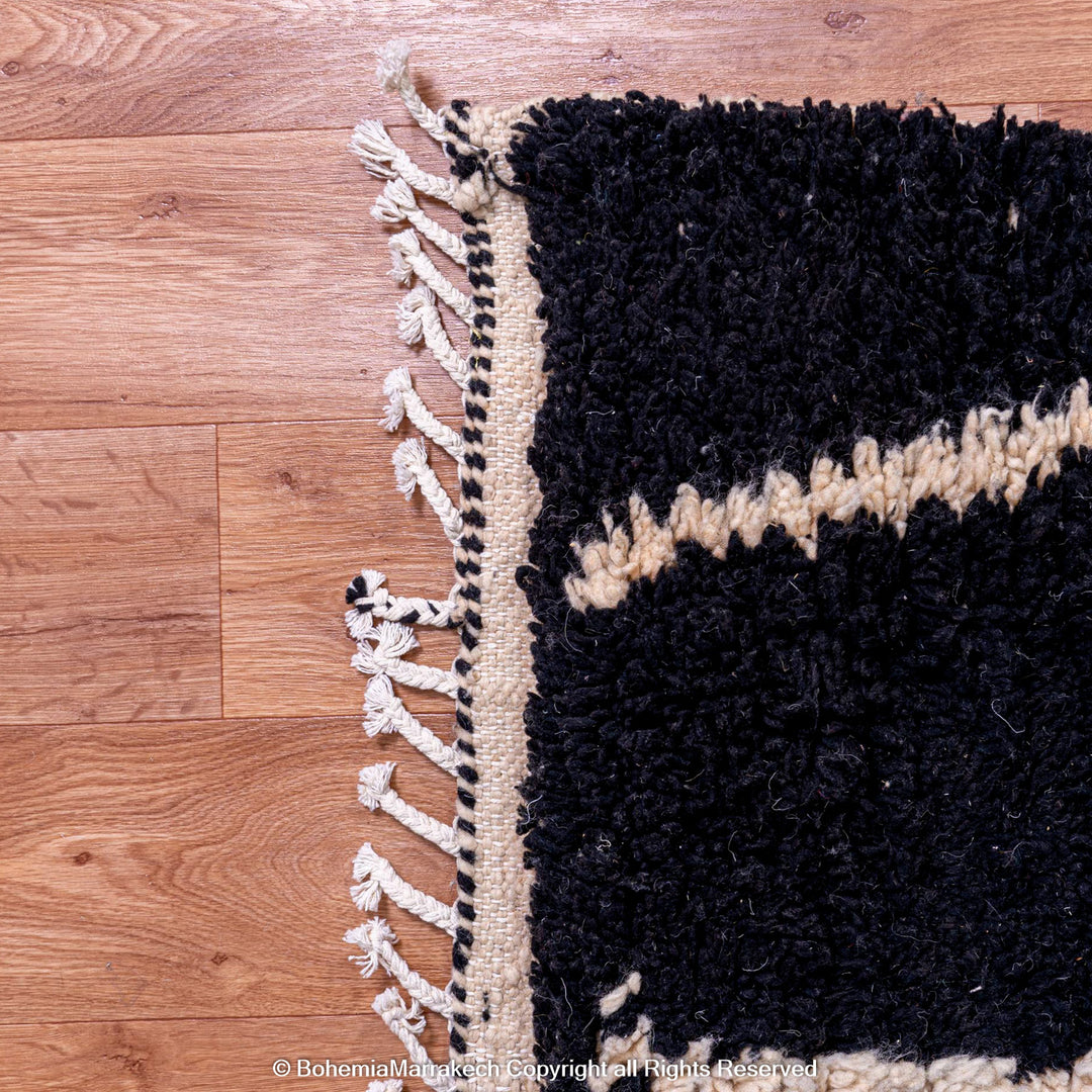Black Beni Ourain Moroccan Rug with White Abstract Lines – Handmade Wool Carpet